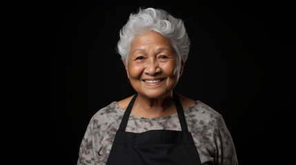 Old amiable woman with a big smile against black background