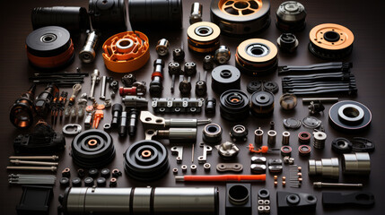 Car parts and tools on a dark wooden background. Auto service industry.