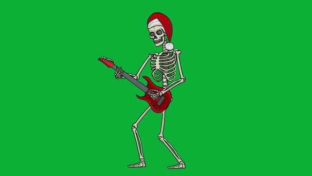 animated, mexican skeleton in at of Santa Claus with guitar with chroma key
