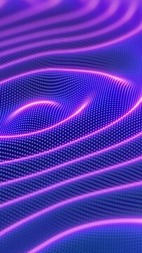 3D ultraviolet waving surface. Digital sound concept: sound waves on blue pixelated surface. Abstract visualization of big data, artificial intelligence and digital music. Vertical animation