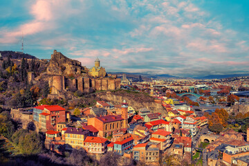 Beautiful panoramic view of Tbilisi at sunset, Georgia country