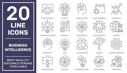 Set of business intelligence icons such as business solutions, data modeling, visualization, management and more different. High quality. Editable stroke. EPS 10