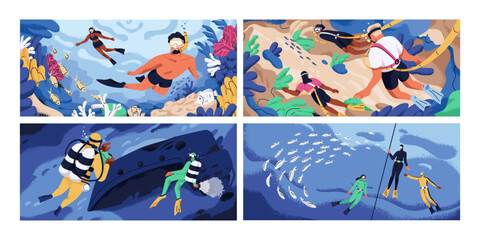 Divers swimming under water. Underwater snorkeling, hookah and scuba diving, freediving set. People swimmers, freedivers with marine masks, equipment. Travel in sea, ocean. Flat vector illustrations