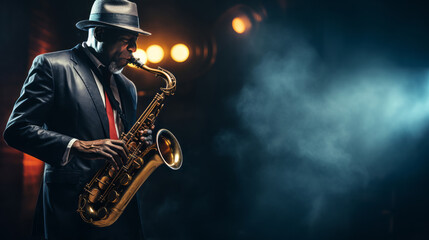 Black jazz musician in formal clothes is playing soulful melody on a sax indoors - obrazy, fototapety, plakaty