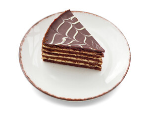 A slice of delicious chocolate cake. Layered chocolate cake .