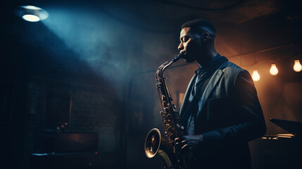 Black jazz musician in formal clothes is playing soulful melody on a sax indoors