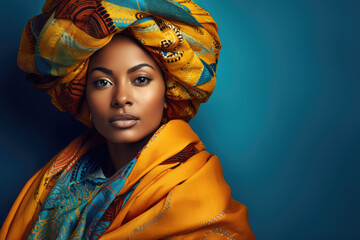portrait of a beautiful african girl wearing colorful head scarf, - obrazy, fototapety, plakaty
