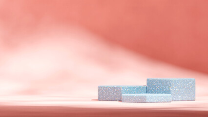 hexagon blue terrazzo podium in landscape curved pink color wall, 3d image render template mockup
