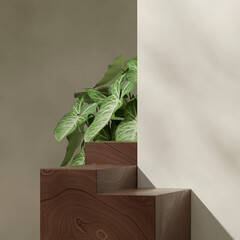 empty space wood textured podium in square green leaf plant, 3d image render

