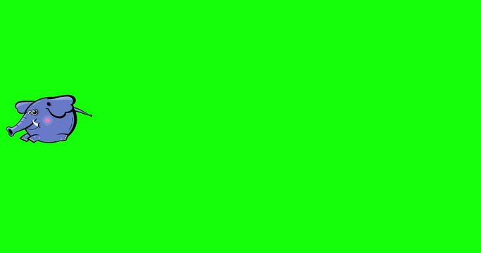 Cartoon small blue elephant animation black outline running along screen greenbox. Animated character isolated chromakey. Good for any material for kids, adverts, etc...