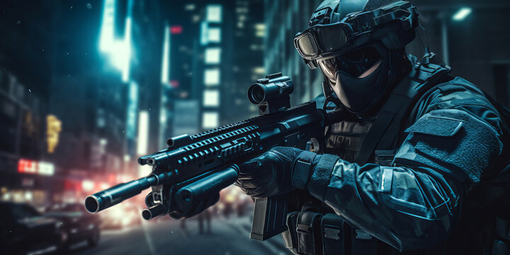 Special forces soldier police in equipment with automatic weapon