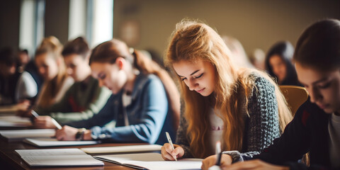 Group of students are sitting by the tables, writing. In the university