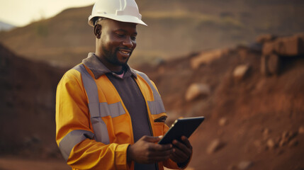 Young Black construction worker is outdoors with tablet