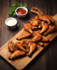 grilled chicken wings with sauces on wooden board