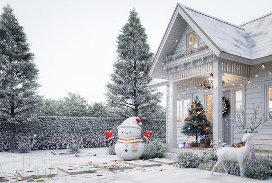 Christmas; Celebration; Tiny; Small; House; Home; Front; Porch; Terrace; Stair; Entrance; Balcony; Exterior; Outdoor; Season; Winter; Decoration; Holiday; Vacation; Snowman; Tradition; Festival; Decem