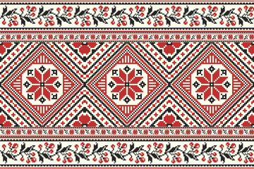 flower embroidery on cream background. ikat and cross stitch geometric seamless pattern ethnic oriental traditional. Aztec style illustration design for carpet, wallpaper, clothing, wrapping, batik.	