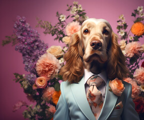 Creative animal concept. English cocker spaniel dog puppy in smart suit, surrounded in a surreal garden full of blossom flowers floral landscape. advertisement commercial editorial banner card.	

