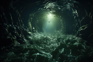 Underwater cave with light coming through the water. 3d rendering.
