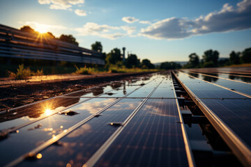 solar panels with the sun in the background