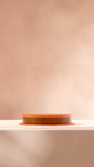 in portrait beige clean wall, 3d render blank space orange terrazzo textured podium
