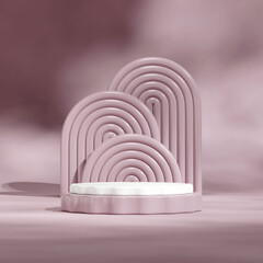 scene mockup white curved podium in square muted purple arch backdrop and wall, 3d image render
