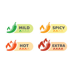 Chili pepper, mild and hot label with fire flames. Spicy and extra hot peppers icon set.