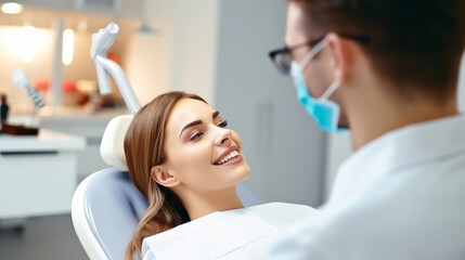 Obraz na płótnie Canvas Female is smiling. Beautiful young woman is sitting in dentist chair, happy person is with clean teeth