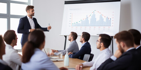 Group of people. Beautiful young business executive person is doing speech of analyzing strategy