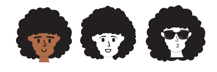 Set of Cartoon Illustrated People Icons with afro hair isolated on transparent background. Cartoon Faces with textured hair with volume. Vector Illustration.