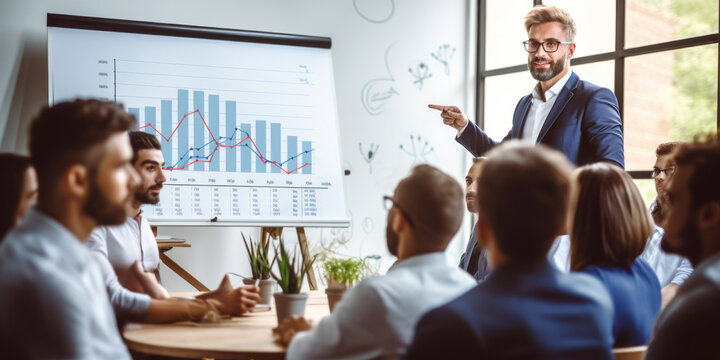 Group of people. Beautiful young business executive person is doing speech of analyzing strategy