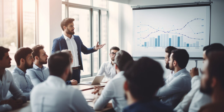 Group of people. Beautiful young business executive person is doing speech of analyzing strategy