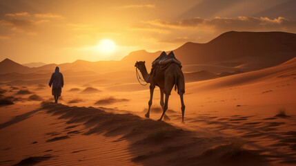 Fototapeta na wymiar Berber man leading camel caravan in the desert at sunset