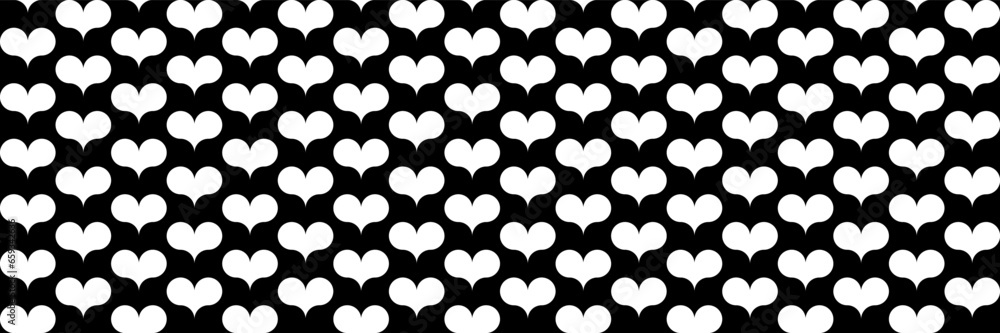 Poster horizontal seamless of white hearts on black for pattern and background.