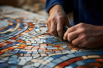 Close-Up of a Skilled Tiler Installing Intricate Mosaic Tiles