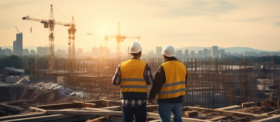 Engineer and Architect working on construction site with blueprint at sunset - obrazy, fototapety, plakaty