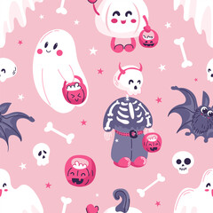 Halloween seamless pattern. Cute cartoon characters in pink colors. Baby skeleton, pumpkin, ghosts begging for sweets. For wallpaper, printing on fabric, wrapping, background.