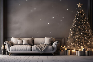 Beige sofa in a spacious room. Scandinavian interior design of modern living room. Modern minimalist with Christmas in living room on Xmas. Scandinavian interior