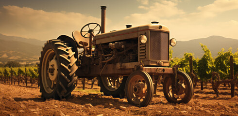 Fototapeta na wymiar Vintage farm tractor in vineyard image, in the style of romantic landscape vistas, panorama