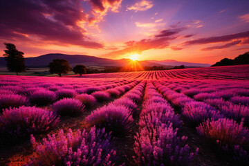 Rows of lavender bushes and flowers on a farm at sunset - obrazy, fototapety, plakaty
