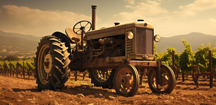 Vintage farm tractor in vineyard image, in the style of romantic landscape vistas, panorama