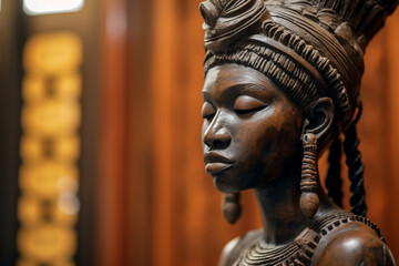 An Intricate African sculpture of a woman displayed Inside a well-lit art gallery