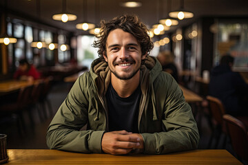 Portrait of young man in cafe restaurant - obrazy, fototapety, plakaty