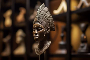 Deurstickers An Intricate African sculpture of a woman displayed Inside a well-lit art gallery © Chrysos