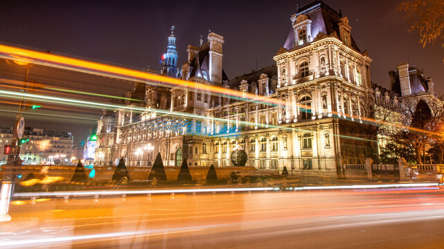 Paris - December 2012: Streets and buildings of Paris on a winter night
