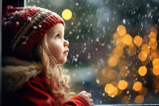 portrait of a little girl looking up into the falling snowflakes  - ai-generated