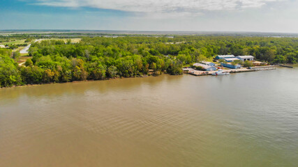 Fototapeta premium Aerial view of Savannah skyline and river from drone - Georgia - USA