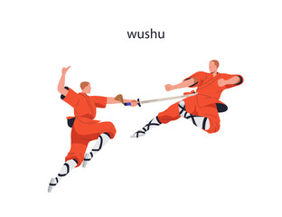 Wushu fight. Kung fu fighters in battle, combat. Chinese martial art. Athletes opponents, competitors in Asian outfit, attacking with sword. Flat vector illustration isolated on white background