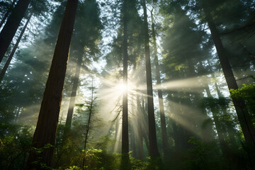 Obraz premium Dense Forest Canopy with Sunlight Streaming Through Trees