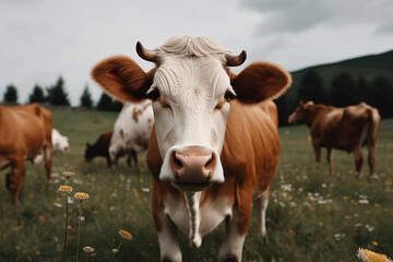 Naklejka na ściany i meble cow lifestyle on a green farm
