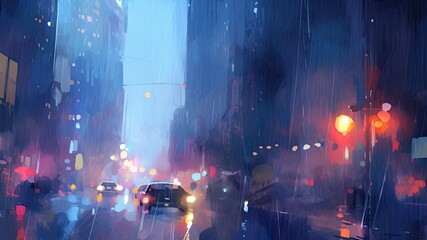 夜の雨の街並みのイメージ_1　Generative AI - obrazy, fototapety, plakaty